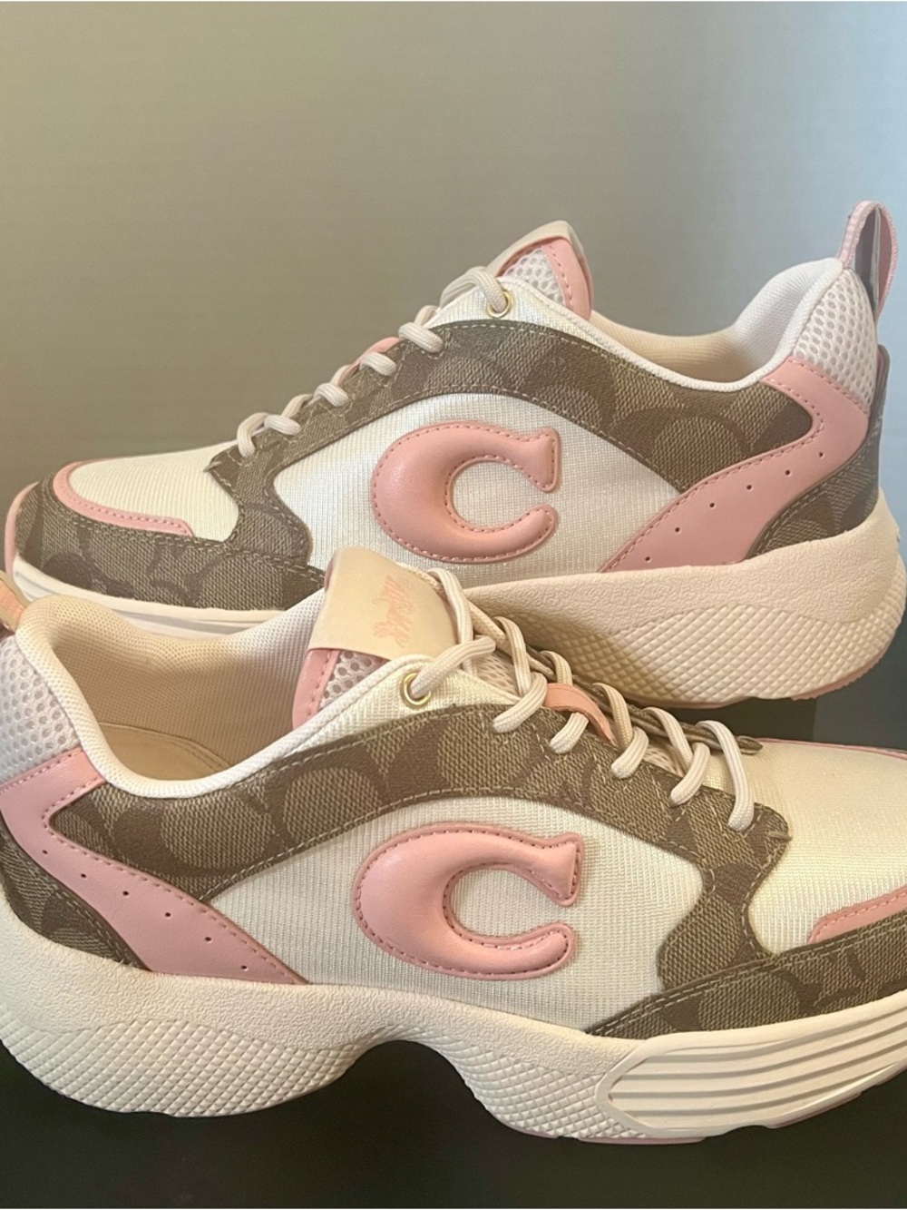 Coach White, Brown & Pink Signature Platform Sneakers